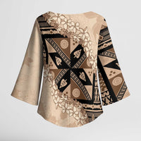 Bula Fiji Plumeria Tagimoucia Salusalu Beige Kimono Sleeve Blouse Kaiviti Masi - Polynesian Pride