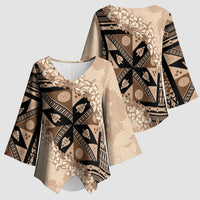 Bula Fiji Plumeria Tagimoucia Salusalu Beige Kimono Sleeve Blouse Kaiviti Masi - Polynesian Pride