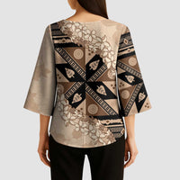 Bula Fiji Plumeria Tagimoucia Salusalu Beige Kimono Sleeve Blouse Kaiviti Masi - Polynesian Pride