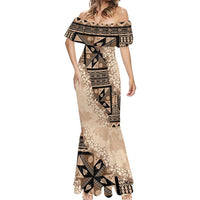 Bula Fiji Plumeria Tagimoucia Salusalu Beige Mermaid Dress Kaiviti Masi - Polynesian Pride