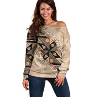 Bula Fiji Plumeria Tagimoucia Salusalu Beige Off Shoulder Sweater Kaiviti Masi - Polynesian Pride