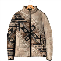 Bula Fiji Plumeria Tagimoucia Salusalu Beige Padded Jacket Kaiviti Masi - Polynesian Pride