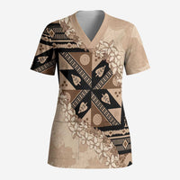 Bula Fiji Plumeria Tagimoucia Salusalu Beige Scrub Top Kaiviti Masi LT7 Adult Beige - Polynesian Pride