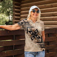 Bula Fiji Plumeria Tagimoucia Salusalu Beige Women Polo Shirt Kaiviti Masi - Polynesian Pride