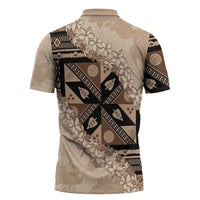 Bula Fiji Plumeria Tagimoucia Salusalu Beige Zipper Polo Shirt Kaiviti Masi - Polynesian Pride