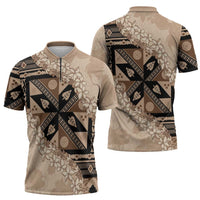 Bula Fiji Plumeria Tagimoucia Salusalu Beige Zipper Polo Shirt Kaiviti Masi - Polynesian Pride