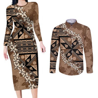 Bula Fiji Plumeria Tagimoucia Salusalu Mocha Couples Matching Long Sleeve Bodycon Dress and Long Sleeve Button Shirt Kaiviti Masi - Polynesian Pride