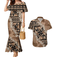 Bula Fiji Plumeria Tagimoucia Salusalu Mocha Couples Matching Mermaid Dress and Hawaiian Shirt Kaiviti Masi - Polynesian Pride