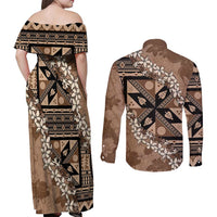Bula Fiji Plumeria Tagimoucia Salusalu Mocha Couples Matching Off Shoulder Maxi Dress and Long Sleeve Button Shirt Kaiviti Masi - Polynesian Pride