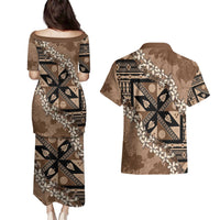 Bula Fiji Plumeria Tagimoucia Salusalu Mocha Couples Matching Puletasi and Hawaiian Shirt Kaiviti Masi - Polynesian Pride