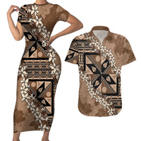 Bula Fiji Plumeria Tagimoucia Salusalu Mocha Couples Matching Short Sleeve Bodycon Dress and Hawaiian Shirt Kaiviti Masi - Polynesian Pride