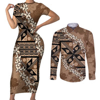 Bula Fiji Plumeria Tagimoucia Salusalu Mocha Couples Matching Short Sleeve Bodycon Dress and Long Sleeve Button Shirt Kaiviti Masi - Polynesian Pride