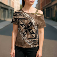 Bula Fiji Plumeria Tagimoucia Salusalu Mocha Cross Shoulder Shirt Kaiviti Masi - Polynesian Pride