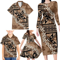 Bula Fiji Plumeria Tagimoucia Salusalu Mocha Family Matching Long Sleeve Bodycon Dress and Hawaiian Shirt Kaiviti Masi - Polynesian Pride
