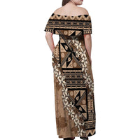 Bula Fiji Plumeria Tagimoucia Salusalu Mocha Family Matching Off Shoulder Maxi Dress and Hawaiian Shirt Kaiviti Masi - Polynesian Pride