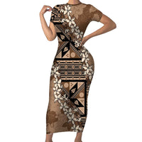 Bula Fiji Plumeria Tagimoucia Salusalu Mocha Family Matching Short Sleeve Bodycon Dress and Hawaiian Shirt Kaiviti Masi - Polynesian Pride
