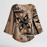 Bula Fiji Plumeria Tagimoucia Salusalu Mocha Kimono Sleeve Blouse Kaiviti Masi - Polynesian Pride