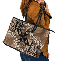 Bula Fiji Plumeria Tagimoucia Salusalu Mocha Leather Tote Bag Kaiviti Masi - Polynesian Pride