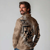 Bula Fiji Plumeria Tagimoucia Salusalu Mocha Long Sleeve Polo Shirt Kaiviti Masi - Polynesian Pride