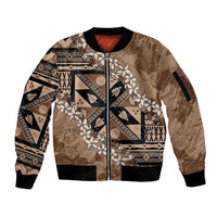 Bula Fiji Plumeria Tagimoucia Salusalu Mocha Sleeve Zip Bomber Jacket Kaiviti Masi - Polynesian Pride