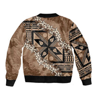 Bula Fiji Plumeria Tagimoucia Salusalu Mocha Sleeve Zip Bomber Jacket Kaiviti Masi - Polynesian Pride