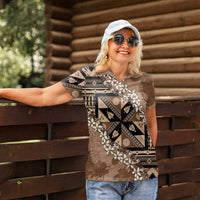 Bula Fiji Plumeria Tagimoucia Salusalu Mocha Women Polo Shirt Kaiviti Masi - Polynesian Pride