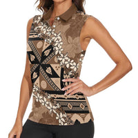 Bula Fiji Plumeria Tagimoucia Salusalu Mocha Women Sleeveless Polo Shirt Kaiviti Masi - Polynesian Pride