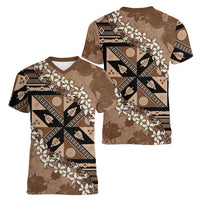Bula Fiji Plumeria Tagimoucia Salusalu Mocha Women V-Neck T-Shirt Kaiviti Masi - Polynesian Pride