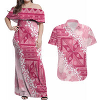 Bula Fiji Plumeria Tagimoucia Salusalu Pink Couples Matching Off Shoulder Maxi Dress and Hawaiian Shirt Kaiviti Masi - Polynesian Pride