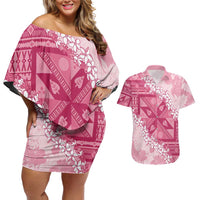 Bula Fiji Plumeria Tagimoucia Salusalu Pink Couples Matching Off Shoulder Short Dress and Hawaiian Shirt Kaiviti Masi - Polynesian Pride