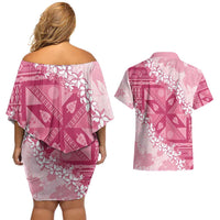 Bula Fiji Plumeria Tagimoucia Salusalu Pink Couples Matching Off Shoulder Short Dress and Hawaiian Shirt Kaiviti Masi - Polynesian Pride
