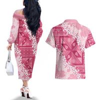 Bula Fiji Plumeria Tagimoucia Salusalu Pink Couples Matching Off The Shoulder Long Sleeve Dress and Hawaiian Shirt Kaiviti Masi - Polynesian Pride