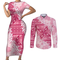 Bula Fiji Plumeria Tagimoucia Salusalu Pink Couples Matching Short Sleeve Bodycon Dress and Long Sleeve Button Shirt Kaiviti Masi - Polynesian Pride