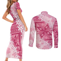 Bula Fiji Plumeria Tagimoucia Salusalu Pink Couples Matching Short Sleeve Bodycon Dress and Long Sleeve Button Shirt Kaiviti Masi - Polynesian Pride