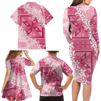 Bula Fiji Plumeria Tagimoucia Salusalu Pink Family Matching Long Sleeve Bodycon Dress and Hawaiian Shirt Kaiviti Masi - Polynesian Pride