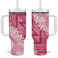 Bula Fiji Plumeria Tagimoucia Salusalu Pink Tumbler With Handle Kaiviti Masi - Polynesian Pride