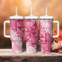 Bula Fiji Plumeria Tagimoucia Salusalu Pink Tumbler With Handle Kaiviti Masi - Polynesian Pride
