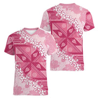 Bula Fiji Plumeria Tagimoucia Salusalu Pink Women V-Neck T-Shirt Kaiviti Masi - Polynesian Pride