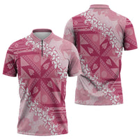 Bula Fiji Plumeria Tagimoucia Salusalu Pink Zipper Polo Shirt Kaiviti Masi - Polynesian Pride
