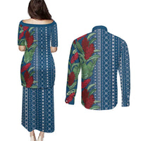 Women's Day Samoa Malu Tattoo Inspired Mix Teuila Couples Matching Puletasi and Long Sleeve Button Shirt Royal Blue LT7 - Polynesian Pride
