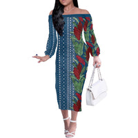 Women's Day Samoa Malu Tattoo Inspired Mix Teuila Off The Shoulder Long Sleeve Dress Royal Blue LT7 Women Royal Blue - Polynesian Pride