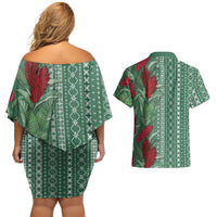 Women's Day Samoa Malu Tattoo Inspired Mix Teuila Couples Matching Off Shoulder Short Dress and Hawaiian Shirt Sage Green LT7 - Polynesian Pride