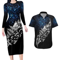 Maori Matariki Couples Matching Long Sleeve Bodycon Dress and Hawaiian Shirt Landscape Styled Fern - Galaxy