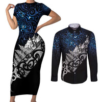 Maori Matariki Couples Matching Short Sleeve Bodycon Dress and Long Sleeve Button Shirt Landscape Styled Fern - Galaxy