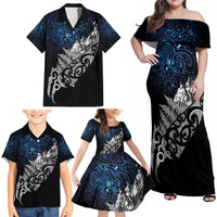 Maori Matariki Family Matching Off Shoulder Maxi Dress and Hawaiian Shirt Landscape Styled Fern - Galaxy