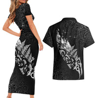 Maori Matariki Couples Matching Short Sleeve Bodycon Dress and Hawaiian Shirt Landscape Styled Fern - Monochrome