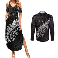 Maori Matariki Couples Matching Summer Maxi Dress and Long Sleeve Button Shirt Landscape Styled Fern - Monochrome LT7 Black - Polynesian Pride