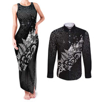 Maori Matariki Couples Matching Tank Maxi Dress and Long Sleeve Button Shirt Landscape Styled Fern - Monochrome