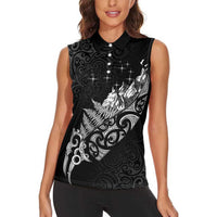 Maori Matariki Women Sleeveless Polo Shirt Landscape Styled Fern - Monochrome