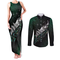 Maori Matariki Couples Matching Tank Maxi Dress and Long Sleeve Button Shirt Landscape Styled Fern - Paua Shell